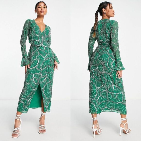 ASOS Size 12 Green Maxi Dress Wrap Front Beaded Embroidery - Picture 1 of 13